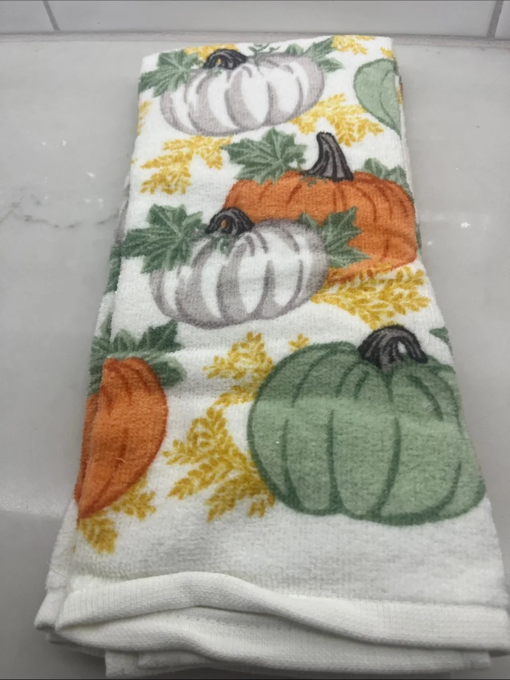 Pumpkin Print Kitchen Towel set of 2- White with Orange, Green, Gray